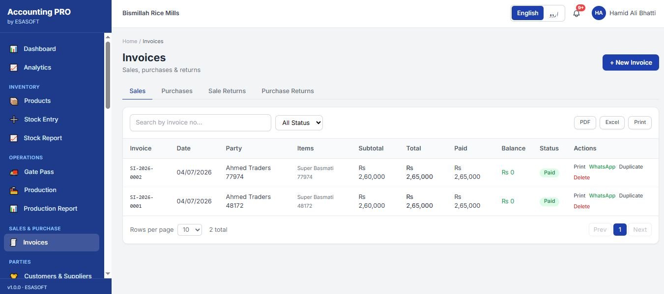 Accounting PRO invoices screen with sales, purchases, sale returns and purchase returns tabs and print, WhatsApp and duplicate actions