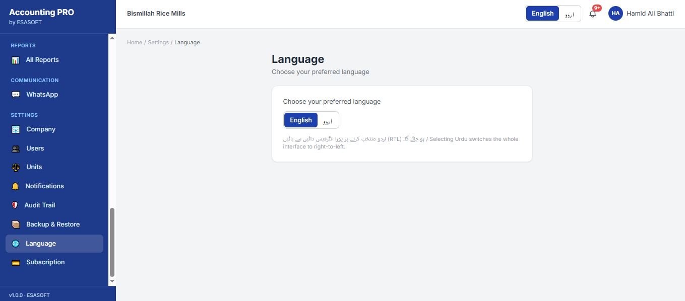 Accounting PRO language setting offering English and Urdu, with a note that Urdu switches the interface to right-to-left