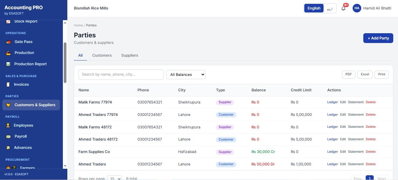 Accounting PRO parties register listing customers and suppliers with city, type, balance, credit limit and ledger and statement actions