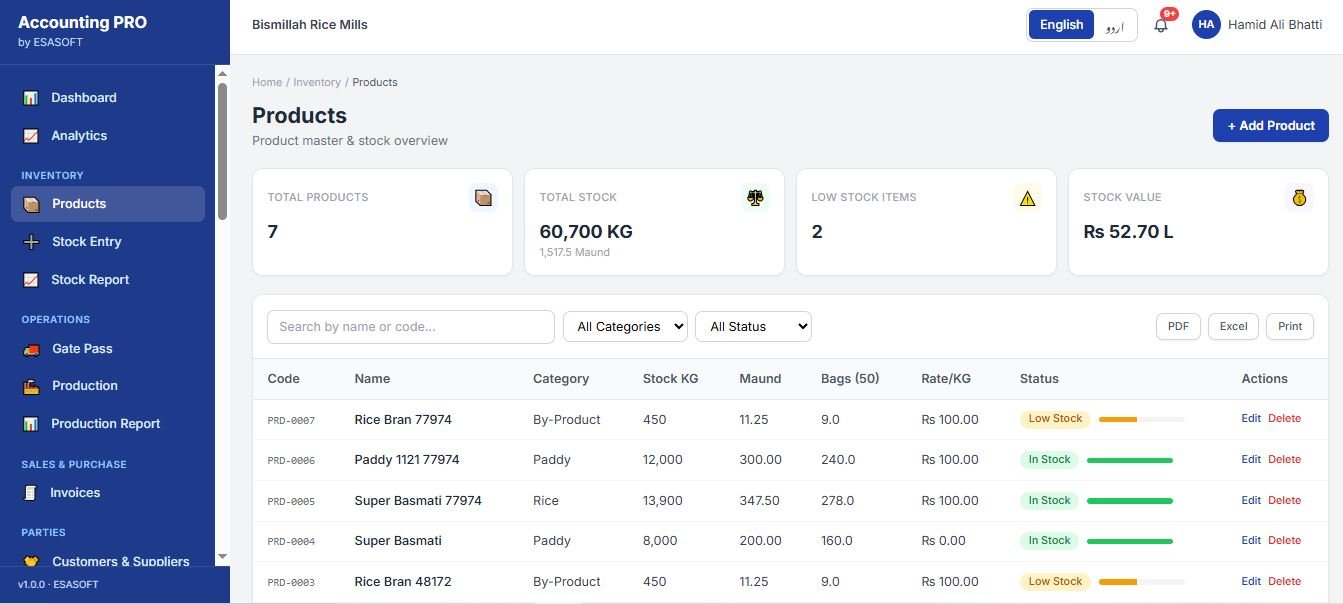 Accounting PRO products list showing paddy, rice and by-products with stock in KG, maund and bags and status badges