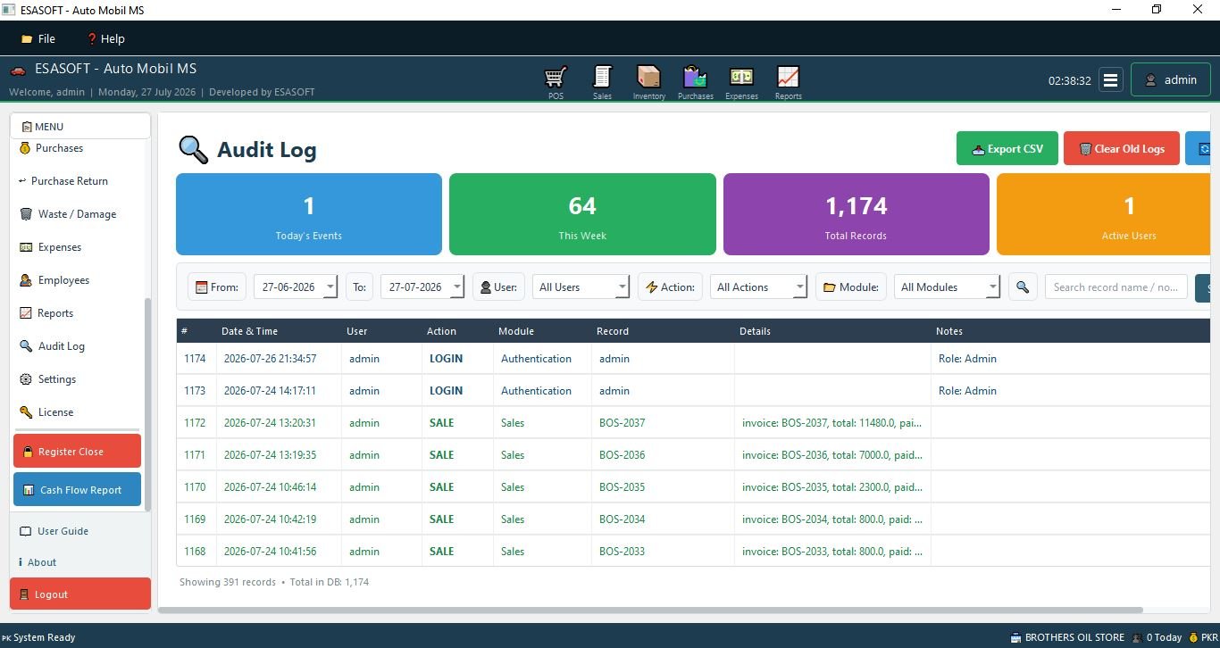 Auto Mobil Shop audit log showing logins and sales with date, time, user, action, module, record and details