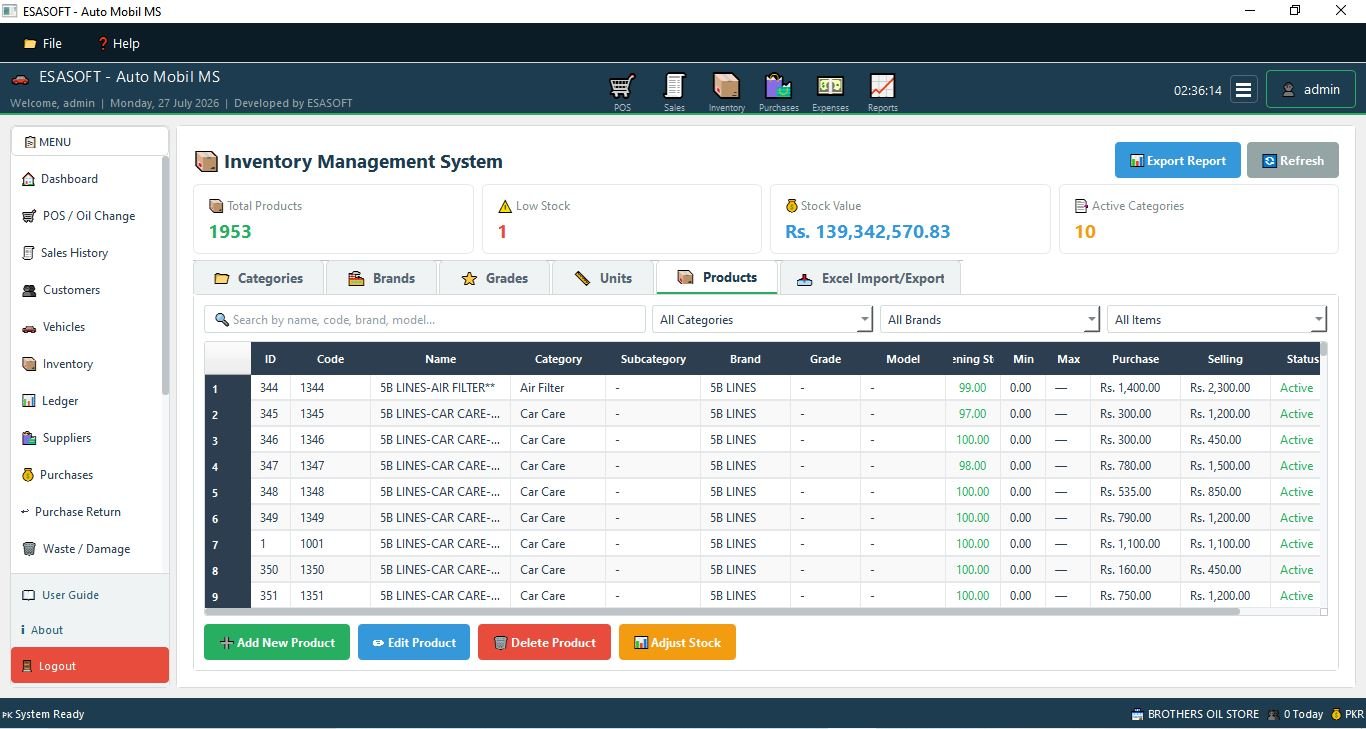 Auto Mobil Shop inventory management screen with categories, brands, grades, units and products tabs and a product table showing purchase and selling prices