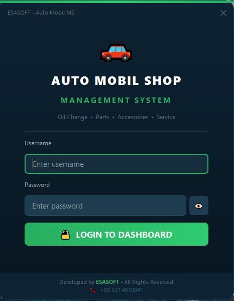 Auto Mobil Shop login screen with the product name and the tagline Oil Change, Parts, Accessories, Service