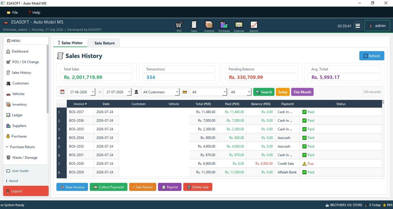 Auto Mobil Shop sales history with total sales, transactions, pending balance, average ticket and an invoice list with payment mode and status