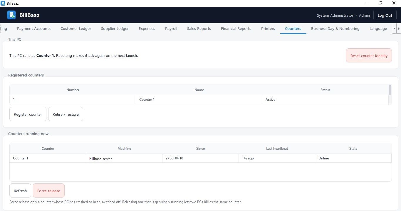 BillBaaz counters screen showing this PC's counter identity, registered counters, and which counters are running right now with a heartbeat