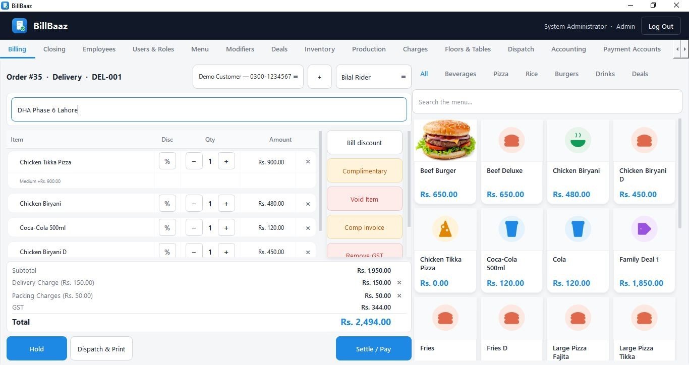 A BillBaaz delivery order with the customer, address, an assigned rider, delivery and packing charges, and a Dispatch and Print button