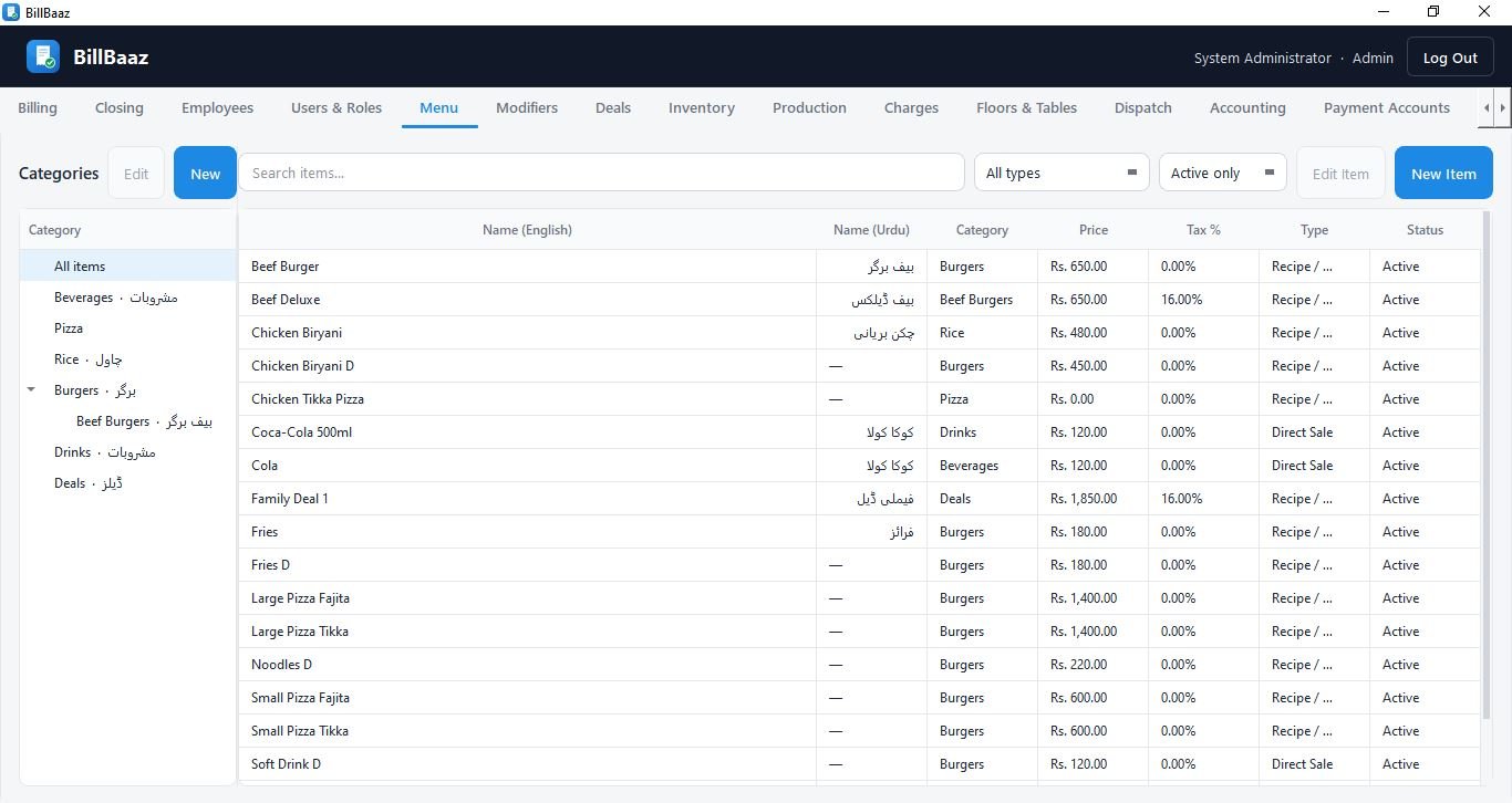 BillBaaz menu management with an English name and an Urdu name column side by side for every item and category