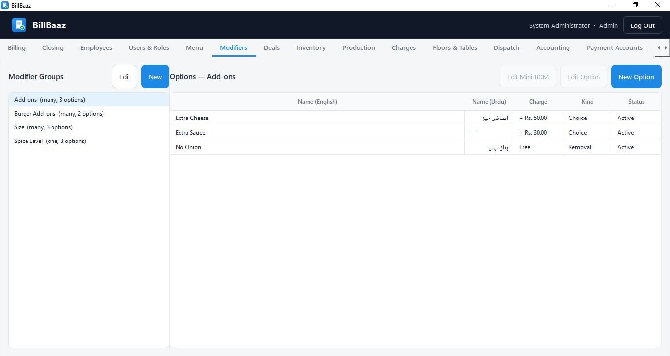 BillBaaz modifier groups such as Add-ons, Size and Spice Level with priced and free options in English and Urdu