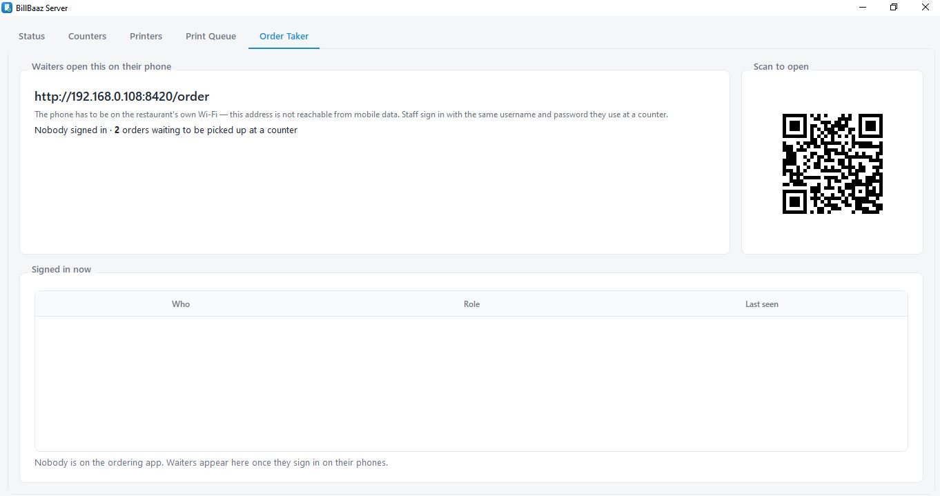 BillBaaz server console Order Taker tab showing the waiter app link, a QR code to scan, and a list of who is signed in
