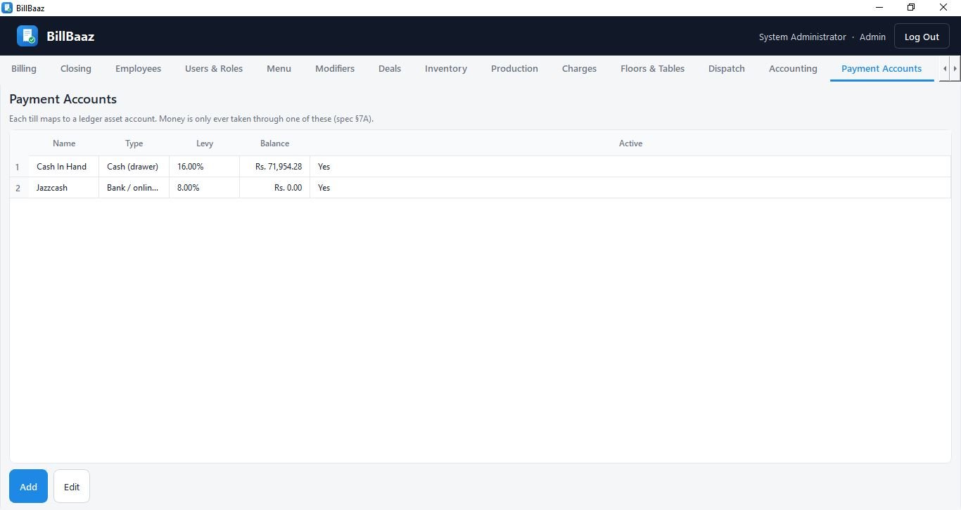 BillBaaz payment accounts listing Cash In Hand at 16% levy and JazzCash at 8% levy, each with its own balance