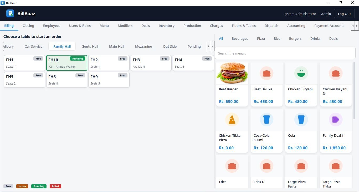 BillBaaz table picker showing floors across the top and colour-coded tables marked Free, Running and Billed