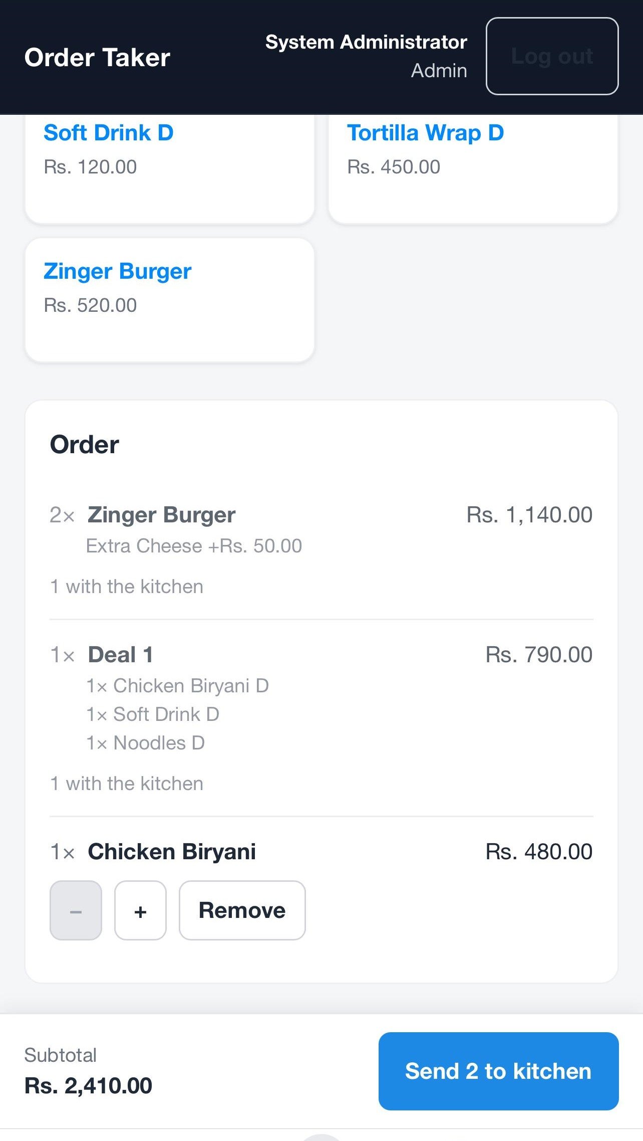 BillBaaz Order Taker app cart with two Zinger Burgers carrying an Extra Cheese modifier, a deal broken into its child items, and a Send 2 to kitchen button
