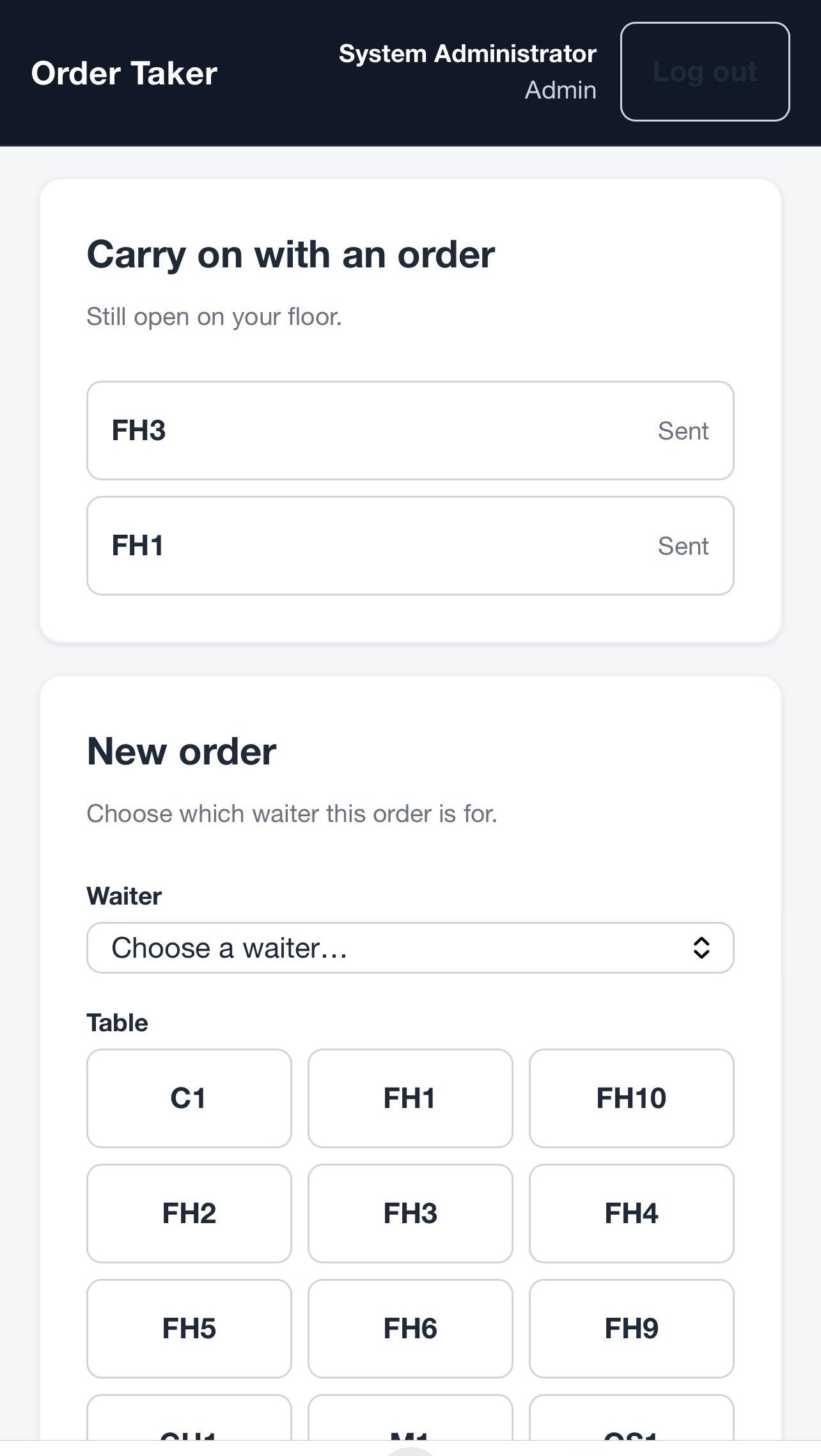 BillBaaz Order Taker app on a phone showing open orders on the floor and a New order form asking which waiter the order is for
