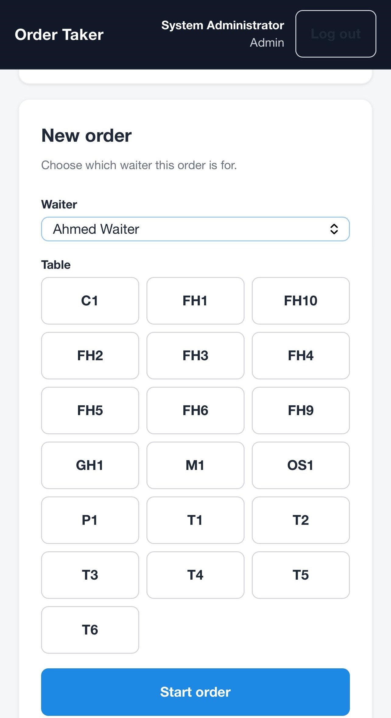 BillBaaz Order Taker app with a waiter chosen from a dropdown and a grid of every table in the restaurant, above a Start order button
