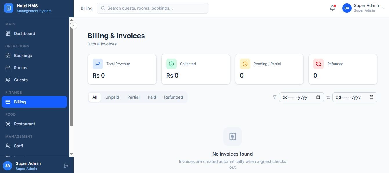 Hotel HMS billing and invoices screen with total revenue, collected, pending and refunded totals and status filter tabs