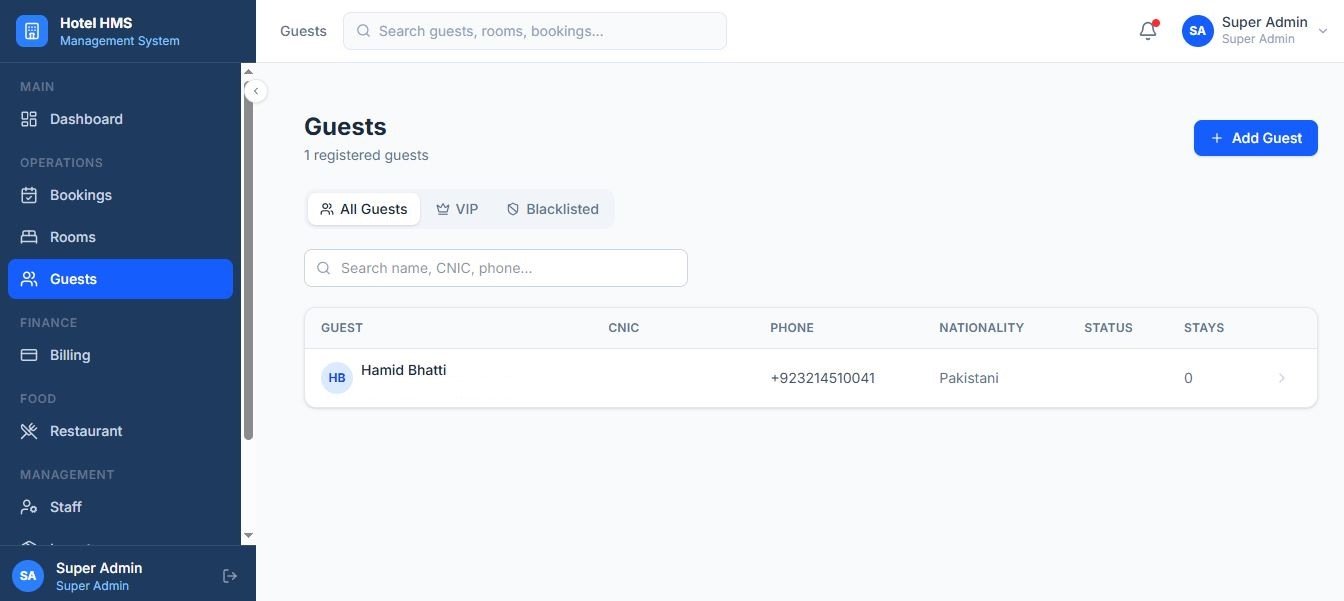 Hotel HMS guest database with search by name, CNIC or phone and filters for all guests, VIP and blacklisted