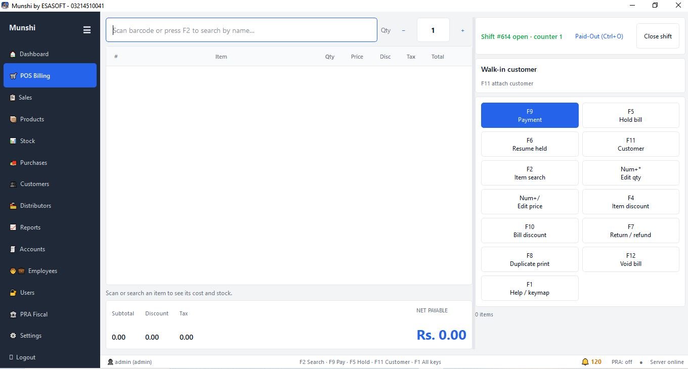 Munshi POS billing screen with barcode scan box, keyboard shortcut grid, open shift and net payable total