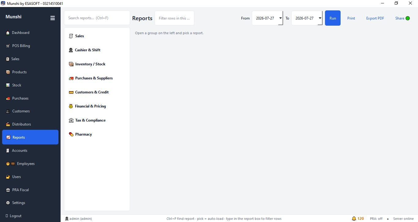 Munshi reports screen with report groups for sales, cashier and shift, inventory, purchases, customers, financial, tax and pharmacy