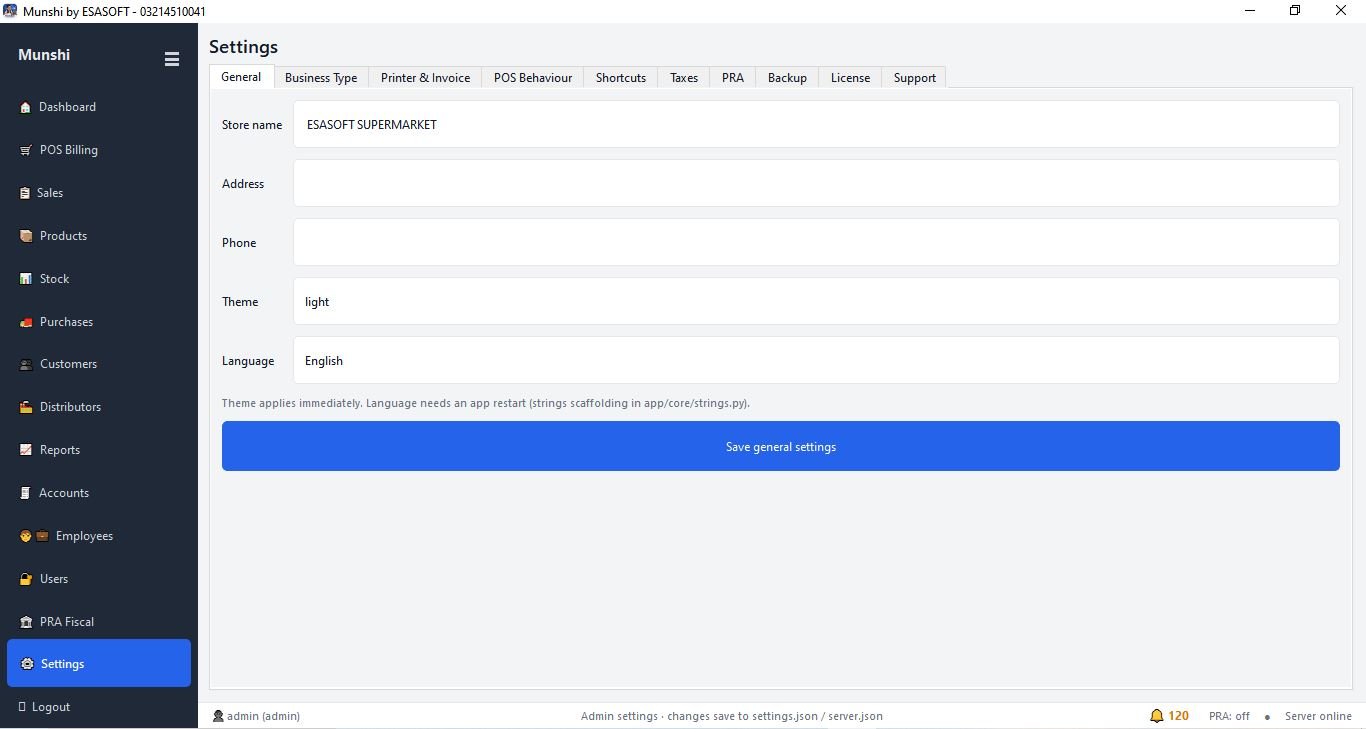 Munshi settings screen with tabs for general, business type, printer and invoice, POS behaviour, shortcuts, taxes, PRA, backup, licence and support
