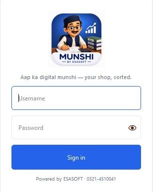 Munshi sign-in card with the Munshi logo and the tagline Aap ka digital munshi — your shop, sorted