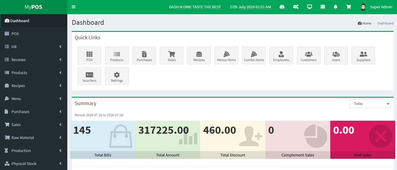 MyPOS dashboard with quick links and a summary of total bills, amount, discount, complementary and void sales