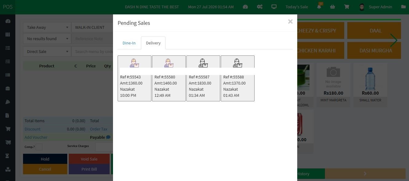 Pending sales modal in MyPOS showing dine-in and delivery tabs with unsettled orders
