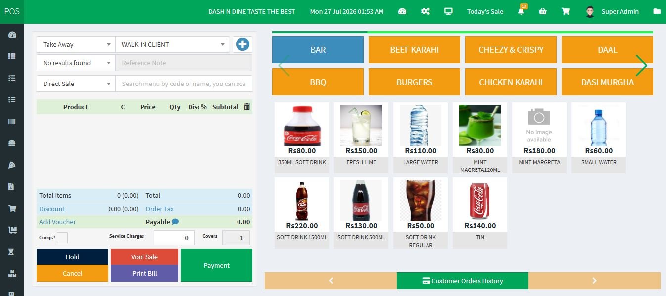 MyPOS restaurant counter billing screen with colour-coded menu groups, dish photos and the live cart