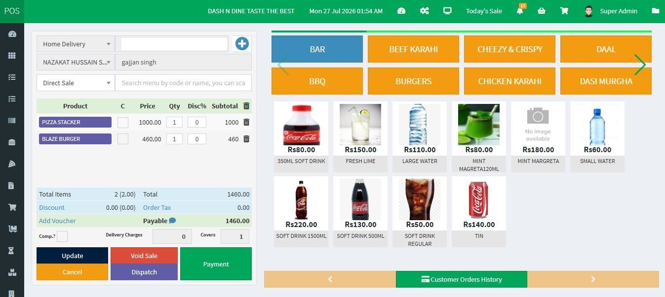 A home delivery order in MyPOS with items in the cart, rider assigned and a dispatch button