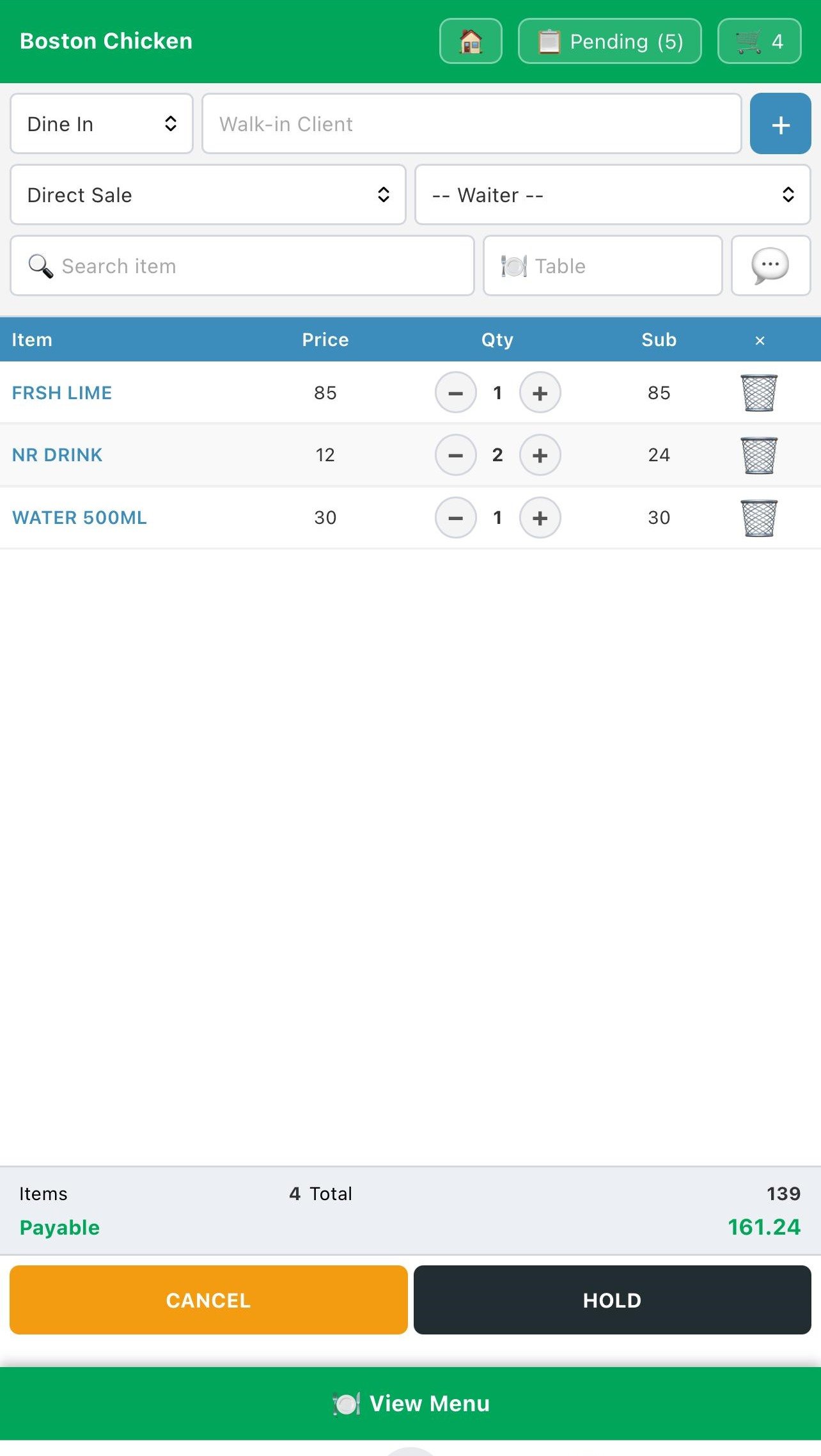 MyPOS waiter app on a phone showing the running order with item, price, quantity steppers and subtotal, plus items count, total and payable