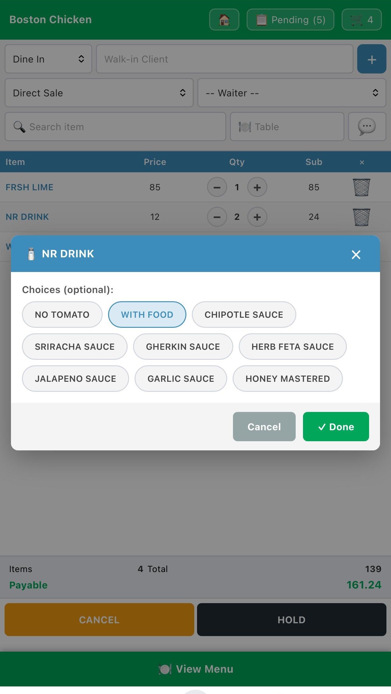 MyPOS waiter app meal choices popup for an item, offering options such as no tomato, with food and several sauces