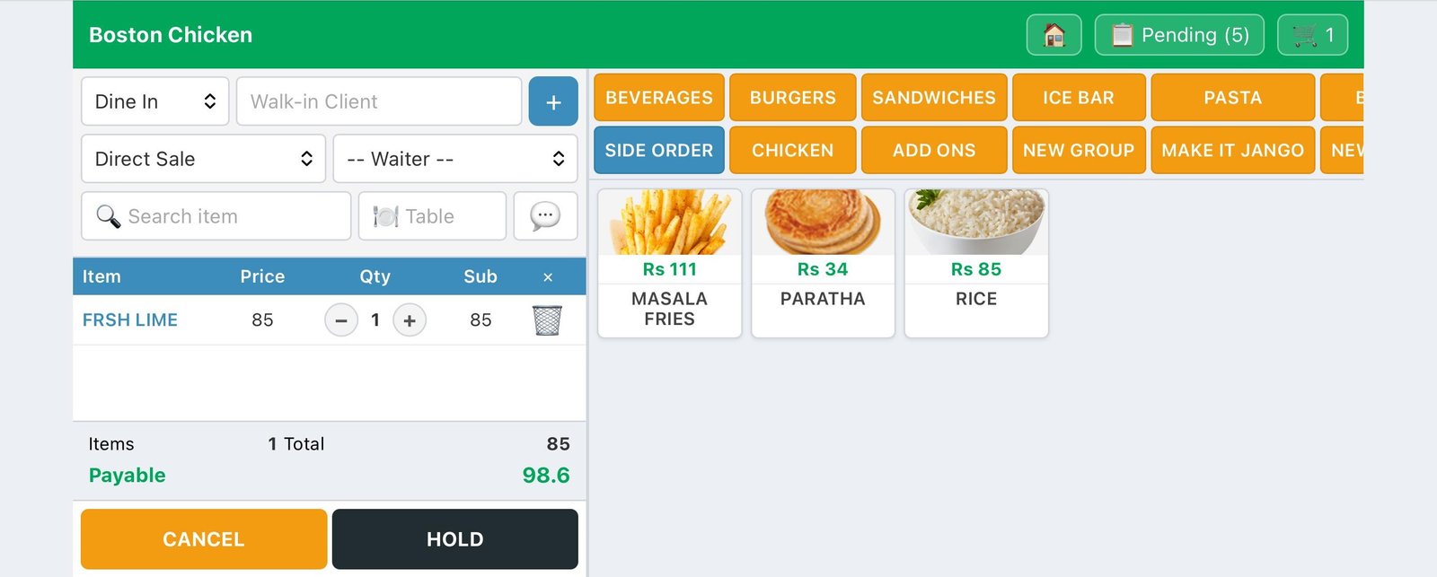 MyPOS waiter app on a tablet in landscape, with the running order and totals on the left and colour-coded menu groups with dish photos on the right