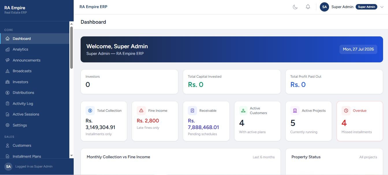 Real Estate ERP dashboard with collection, fine income, receivables and overdue instalments