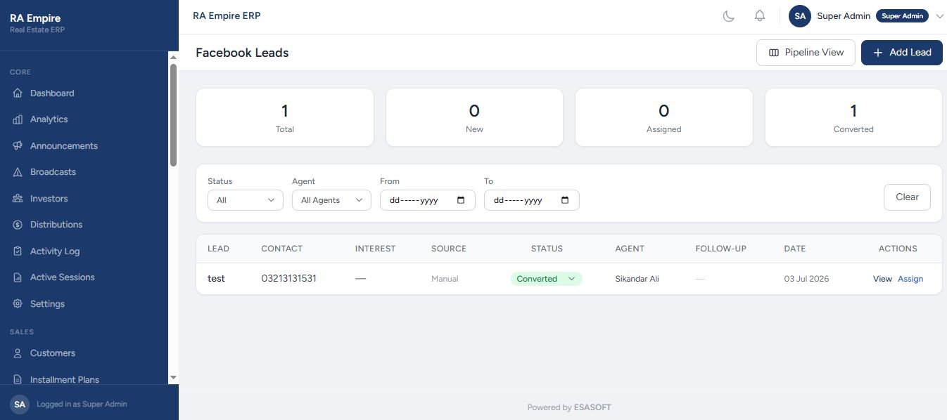 Real Estate ERP Facebook leads screen with total, new, assigned and converted counts, and a lead assigned to an agent