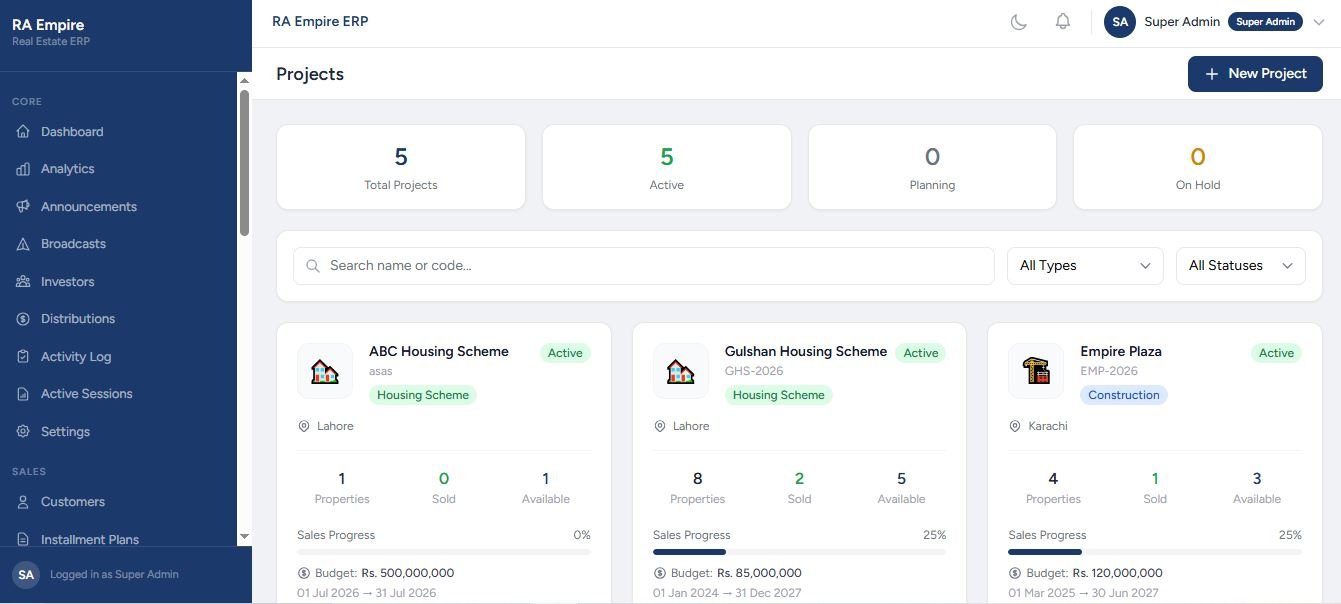 Real Estate ERP projects screen showing multiple housing schemes with properties, sold and available counts, sales progress bars and budgets