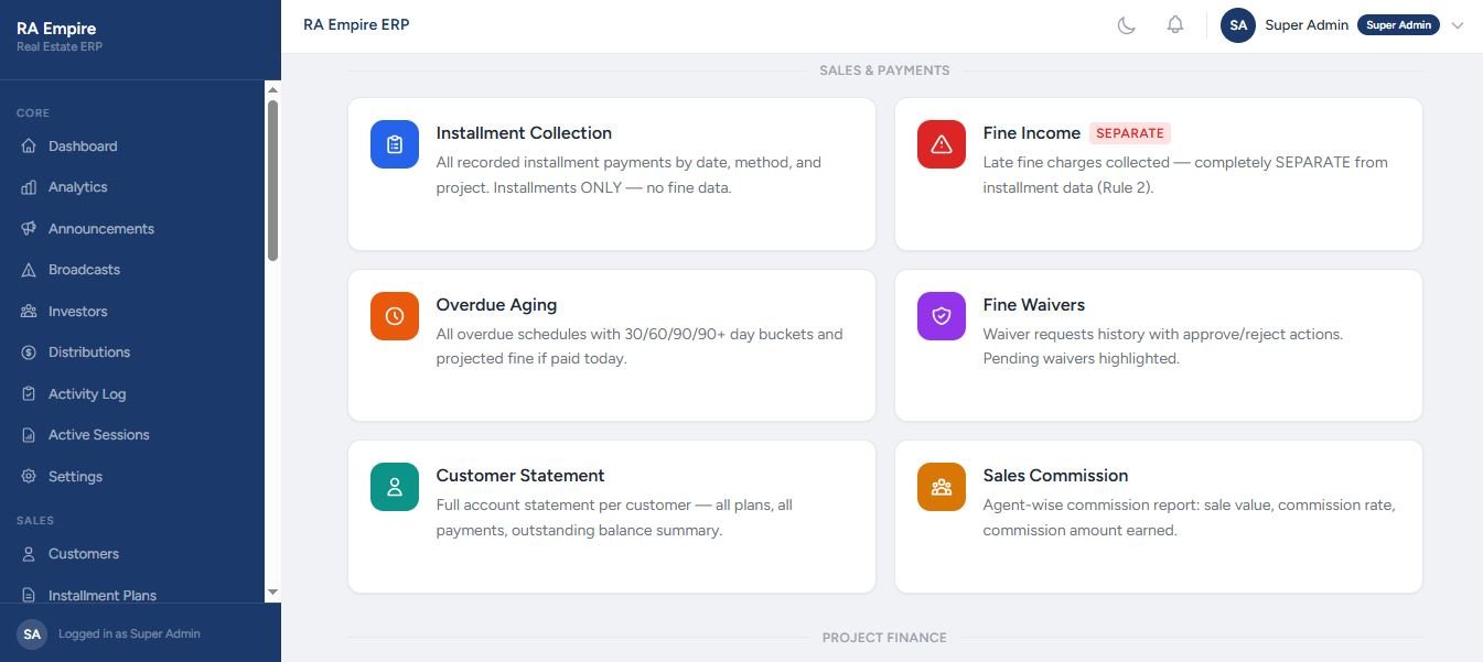 Real Estate ERP reports listing instalment collection, fine income marked separate, overdue aging, fine waivers, customer statement and sales commission