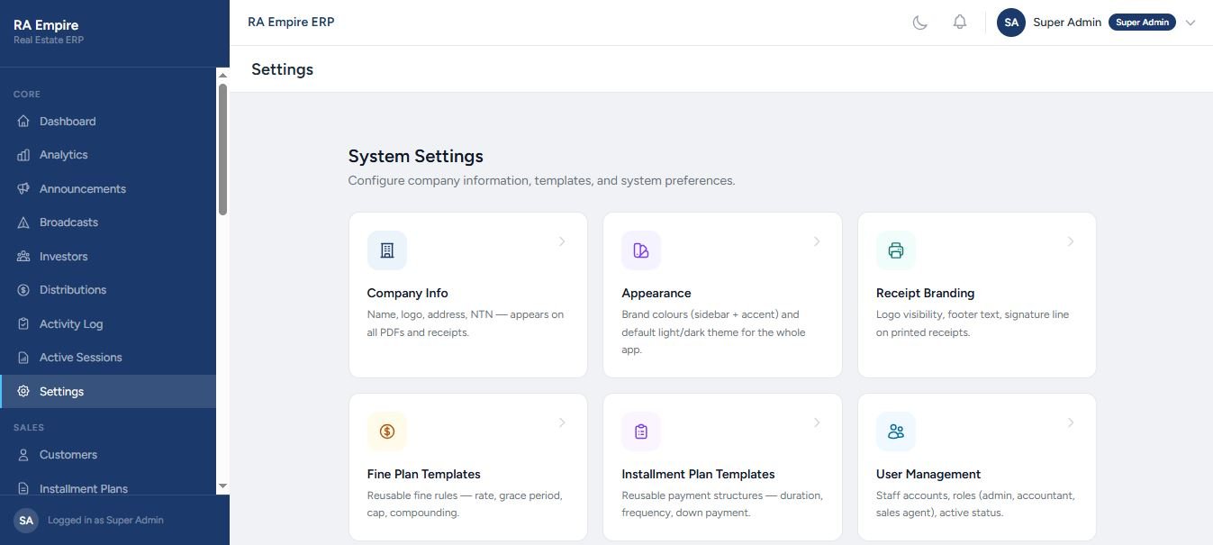 Real Estate ERP system settings with company info, appearance, receipt branding, fine plan templates, instalment plan templates and user management