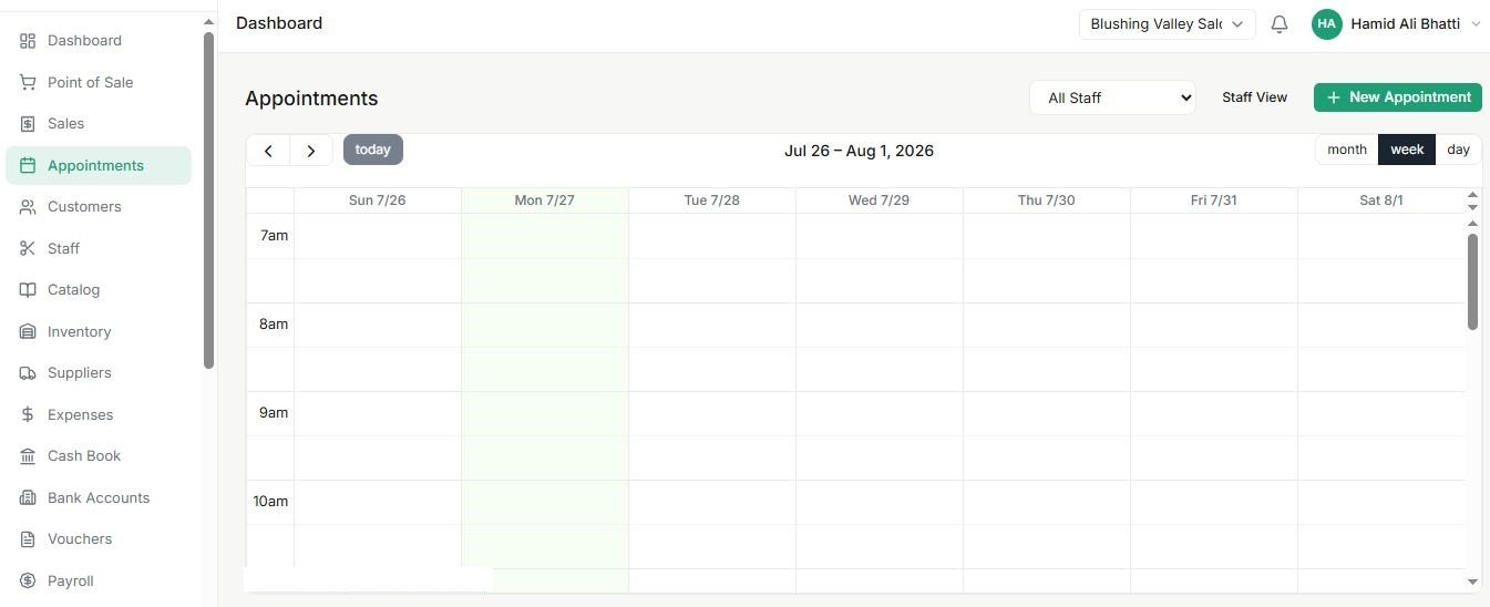 Salon appointment calendar in week view with time slots across the days of the week and a staff view toggle