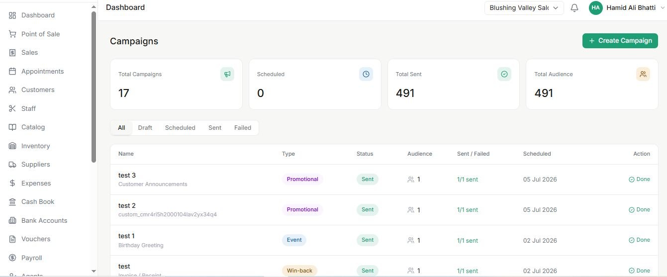 Salon WhatsApp campaigns screen with total campaigns, scheduled, total sent and audience counts and a campaign list with promotional, event and win-back types
