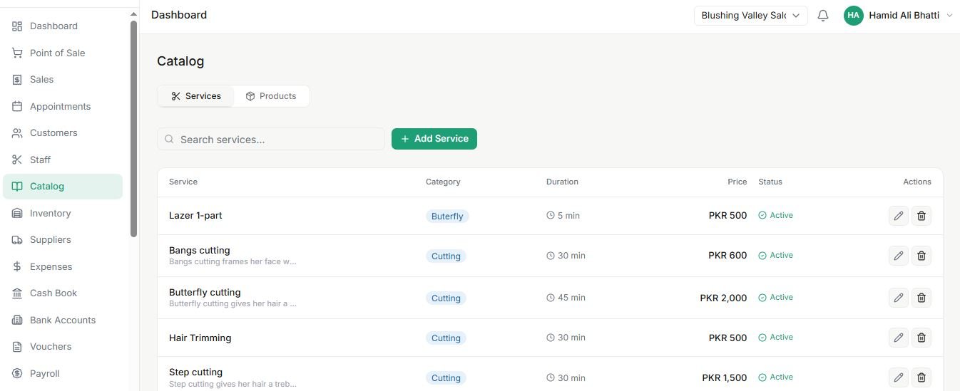 Salon catalog services tab listing services with category, duration, price and active status
