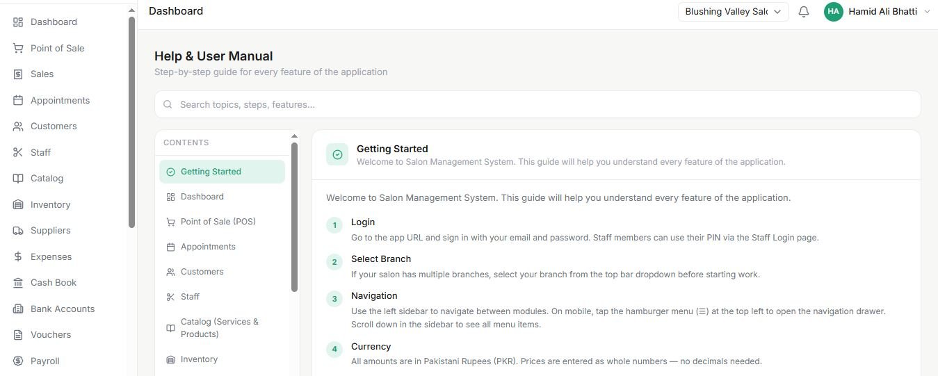 Salon built-in help and user manual with a searchable contents list covering every module