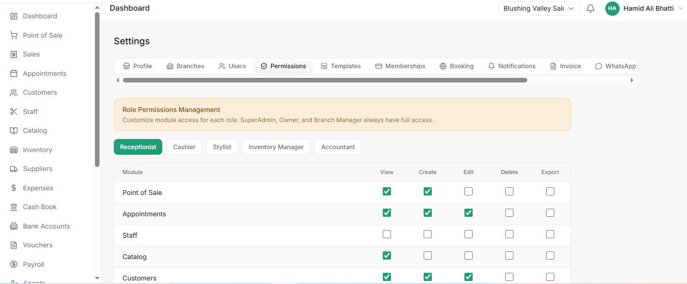 Salon role permissions grid showing view, create, edit, delete and export checkboxes per module for the receptionist role