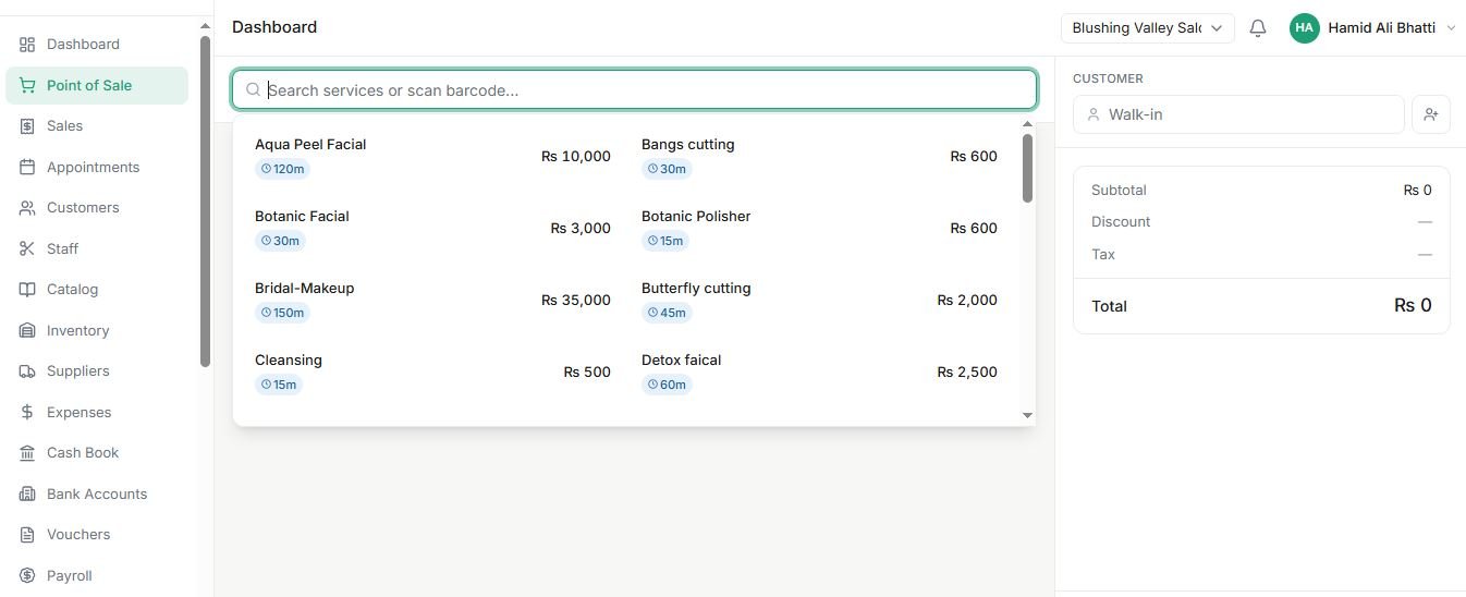 Salon point of sale screen with service search showing services, durations and prices, and a cart with subtotal, discount, tax and total